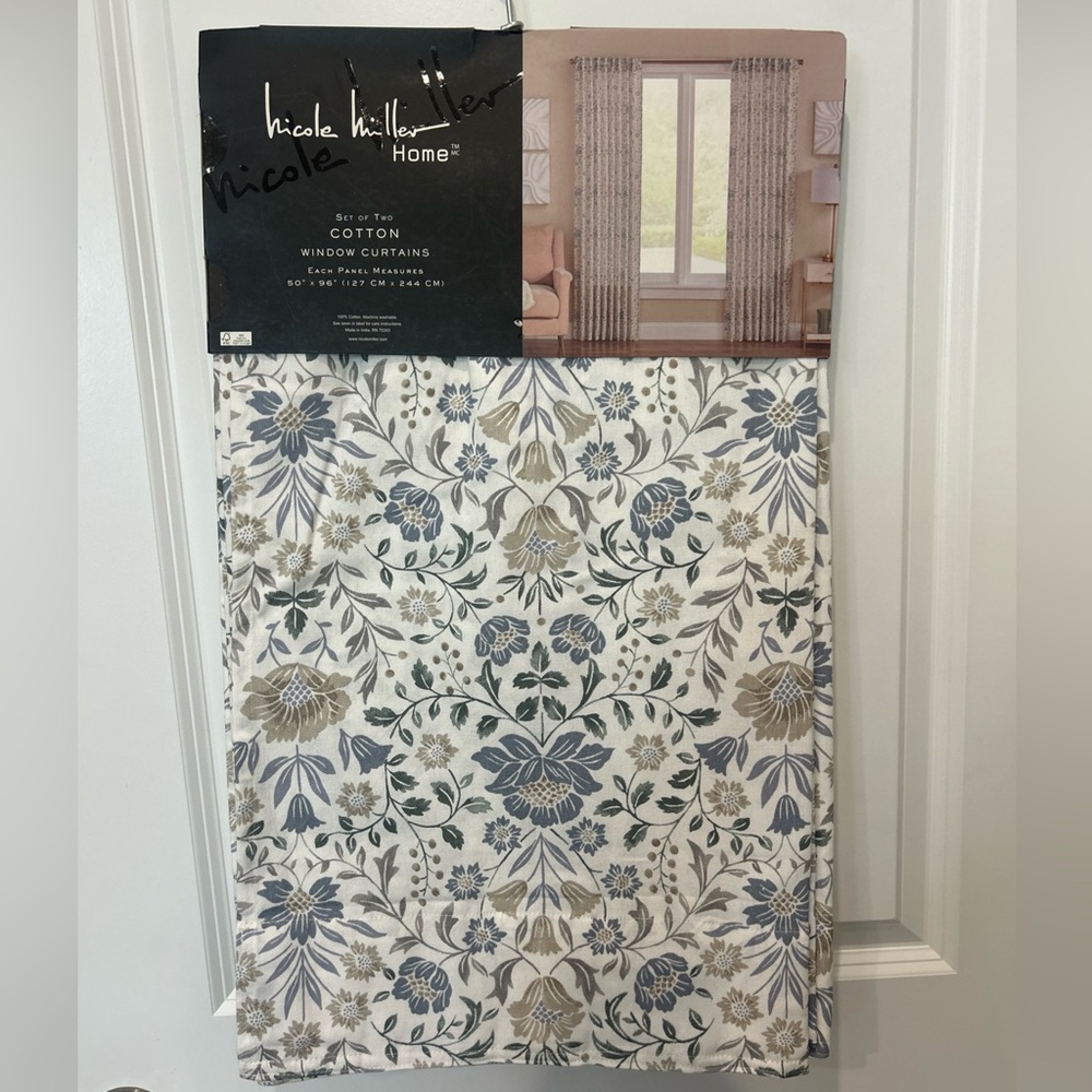 Nicole Miller Floral Damask Cotton Window Panels Drapes Blue Curtains - 50 x 96”